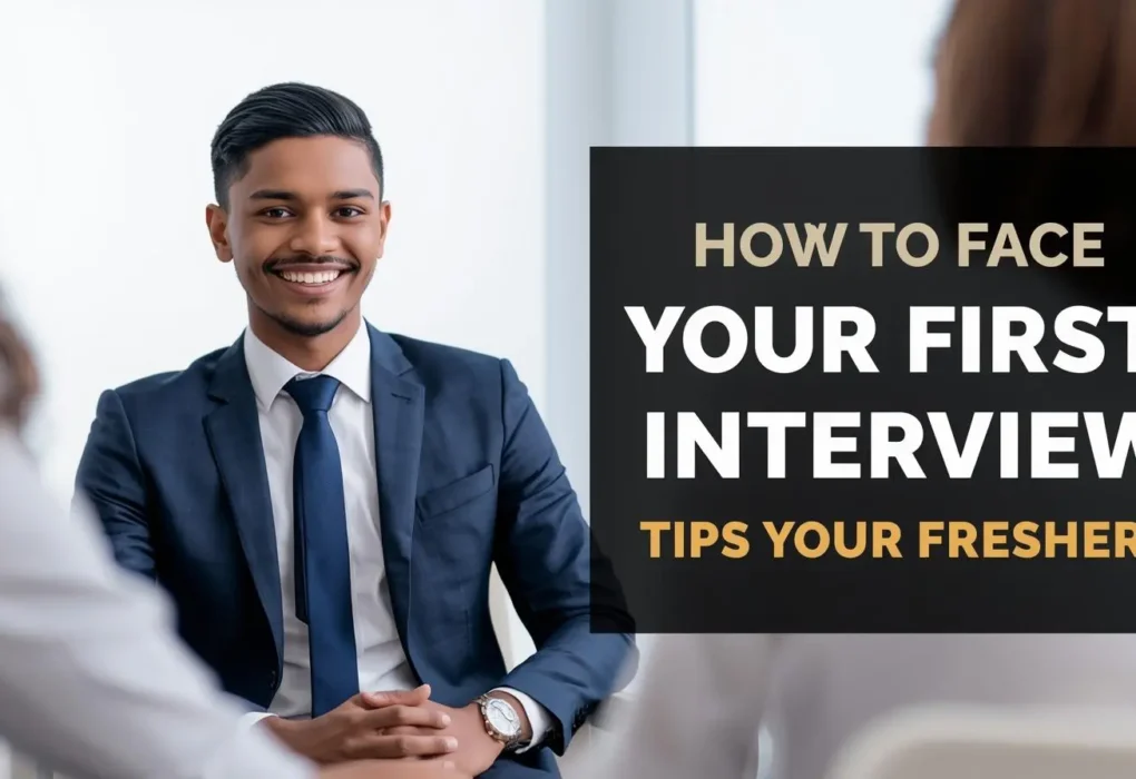 A poised individual in a suit sits across from two interviewers, with text overlay offering first interview tips for freshers.