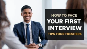 A poised individual in a suit sits across from two interviewers, with text overlay offering first interview tips for freshers.