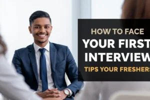A poised individual in a suit sits across from two interviewers, with text overlay offering first interview tips for freshers.