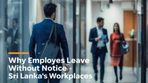 A man in a suit walks through a modern office hallway, with two colleagues in the background engaged in conversation.