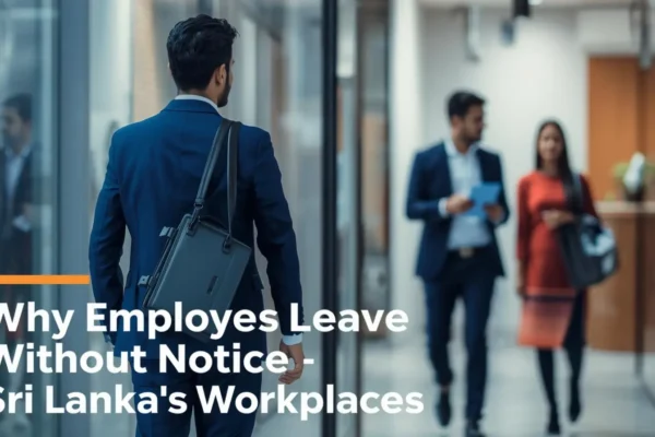 A man in a suit walks through a modern office hallway, with two colleagues in the background engaged in conversation.