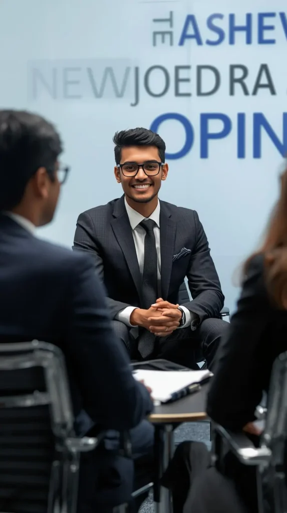 Young man in a suit smiling confidently during a interview. He sits across a table from two blurred figures, with text on the wall behind him. Professional setting. 