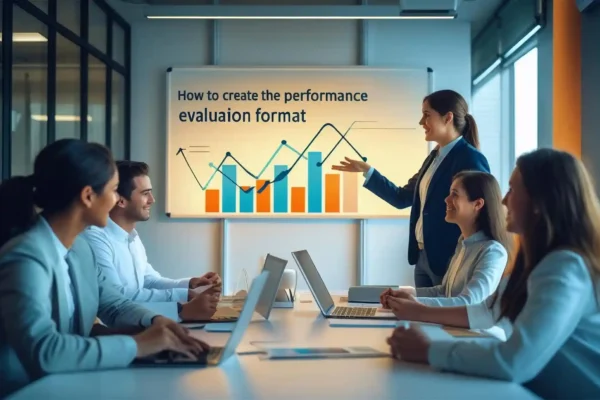 A business meeting with a presenter discussing performance evaluation, complemented by charts and graphs on a screen.
