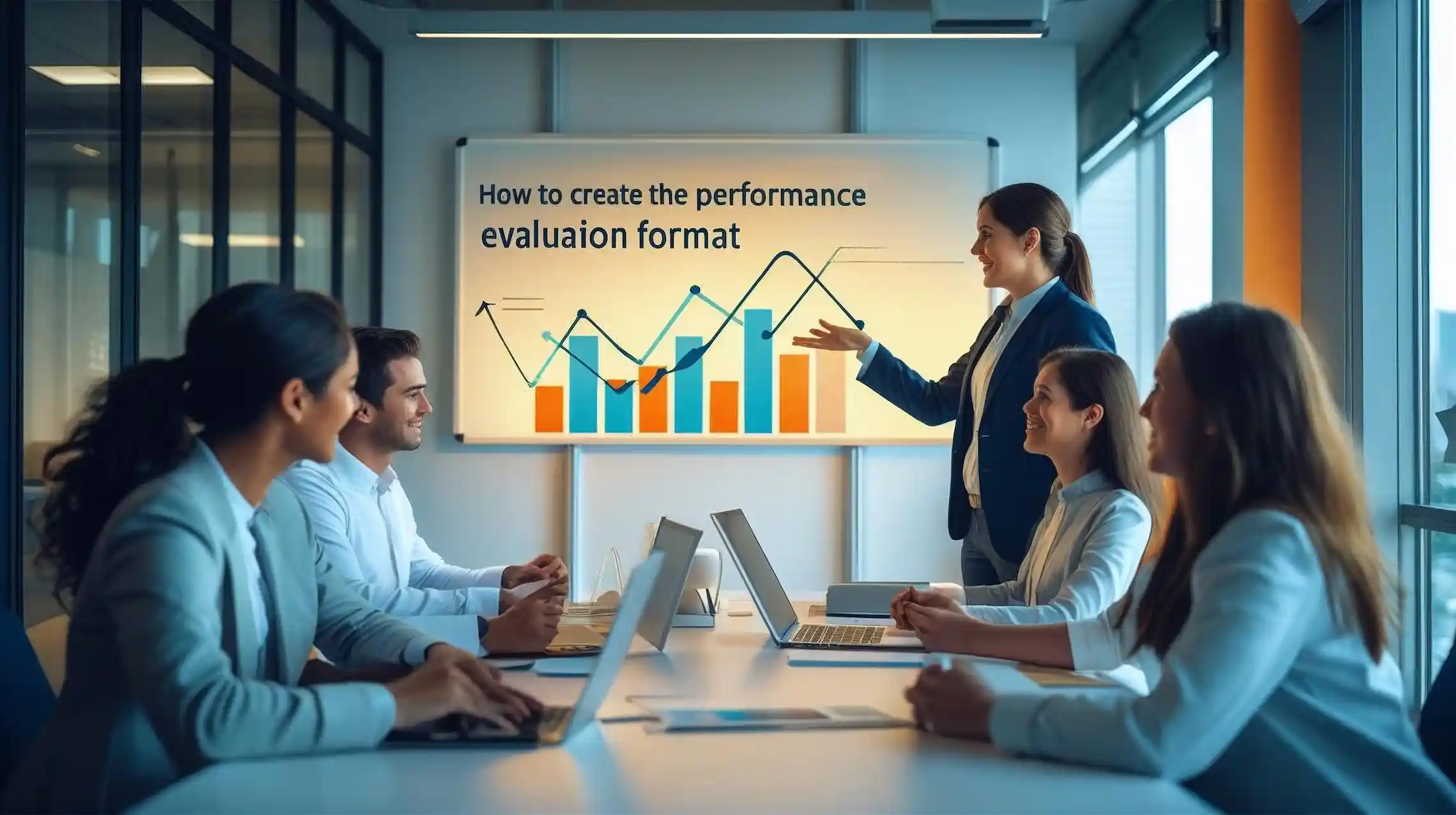 A business meeting with a presenter discussing performance evaluation, complemented by charts and graphs on a screen.