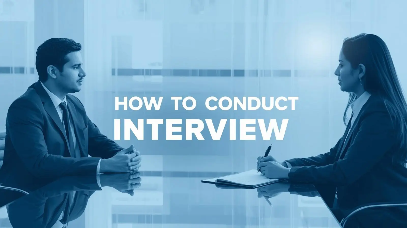 A man and woman in business attire sit across a table, engaged in conversation. Text reads "How to Conduct Interview." The tone is professional and focused.