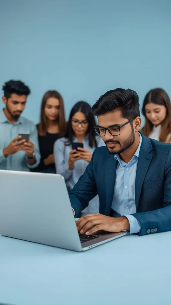 A focused man in a suit types on a laptop in the foreground, while four people in casual attire behind him look at their phones, set against a light blue background. Job