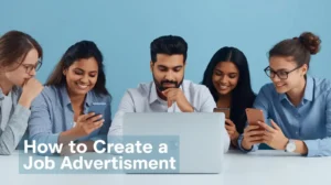 A group of people seated at a table, focused on their smartphones, with a laptop open in front of them against a blue background.