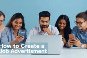 A group of people seated at a table, focused on their smartphones, with a laptop open in front of them against a blue background.