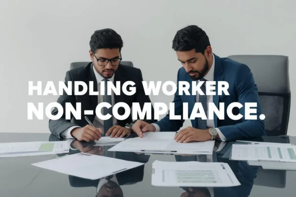 Two men in suits focus on paperwork at a table, conveying seriousness. Bold text reads "Handling Worker Non-Compliance" suggesting a business context.