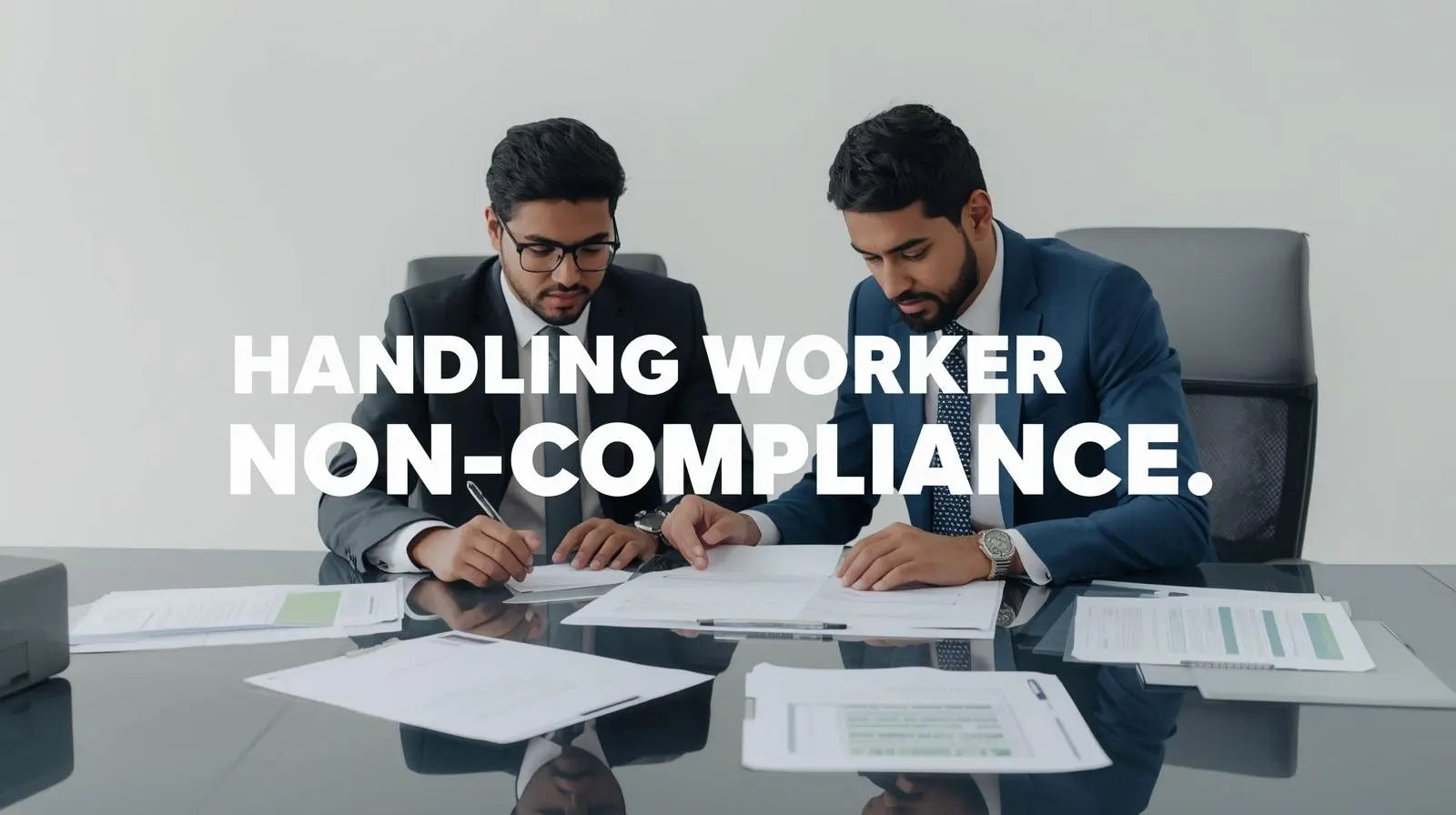 Two men in suits focus on paperwork at a table, conveying seriousness. Bold text reads "Handling Worker Non-Compliance" suggesting a business context.