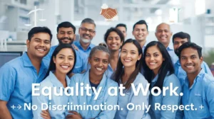 A diverse group of people in blue shirts smile confidently in a modern office. Icons of scales and a handshake emphasize equality and respect. Text reads, "Equality at Work. No Discrimination. Only Respect." The atmosphere conveys positivity and inclusivity. Policy
