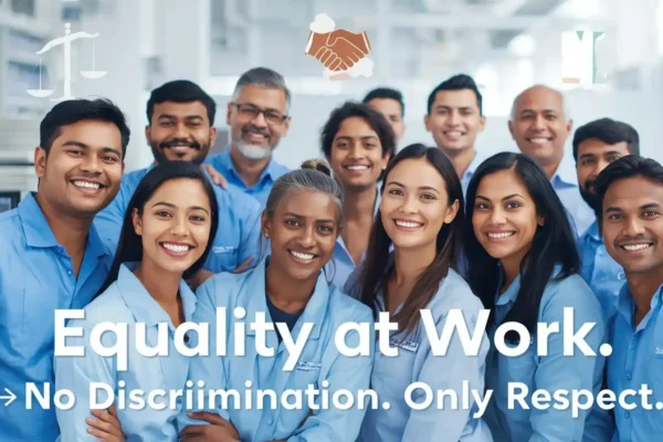 A diverse group of people in blue shirts smile confidently in a modern office. Icons of scales and a handshake emphasize equality and respect. Text reads, "Equality at Work. No Discrimination. Only Respect." The atmosphere conveys positivity and inclusivity. Policy