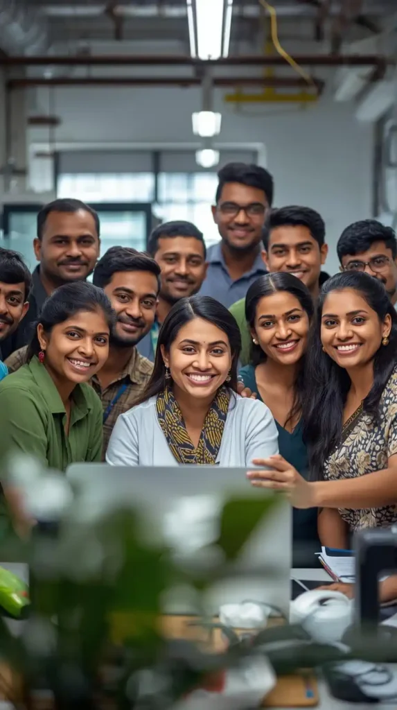 A diverse group of smiling colleagues gather around a computer in an office. They appear cheerful and engaged, conveying a sense of teamwork and camaraderie. Policy