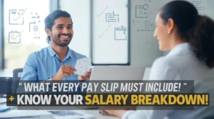A man in a blue shirt smiles while holding a document across from a woman at a desk. Text reads, "What every pay slip must include! Know your salary breakdown!"
