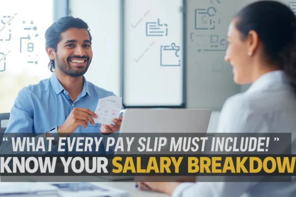 A man in a blue shirt smiles while holding a document across from a woman at a desk. Text reads, "What every pay slip must include! Know your salary breakdown!"
