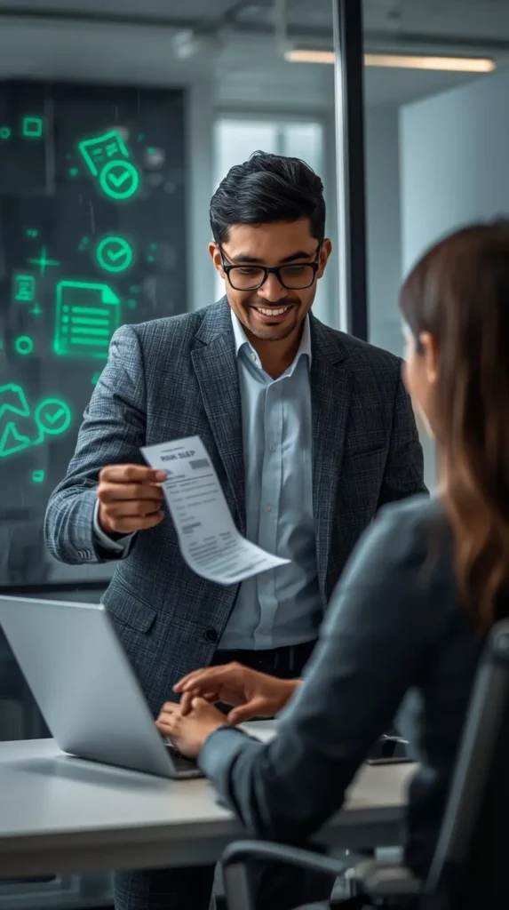 A man in a suit smiling while handing a paper to a woman at a desk with a laptop. The background shows glowing green icons, conveying a tech-themed office setting.