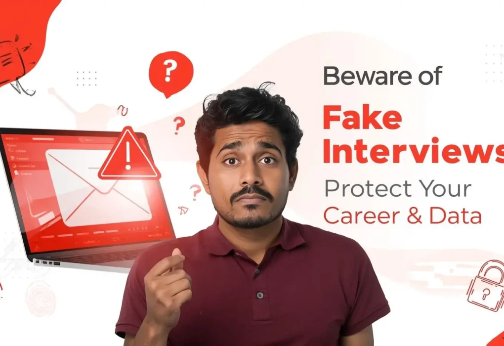 A man stands in front of a laptop graphic displaying a warning symbol, with text that reads, "Beware of Fake Interviews! Protect Your Career & Data.