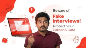 A man stands in front of a laptop graphic displaying a warning symbol, with text that reads, "Beware of Fake Interviews! Protect Your Career & Data.