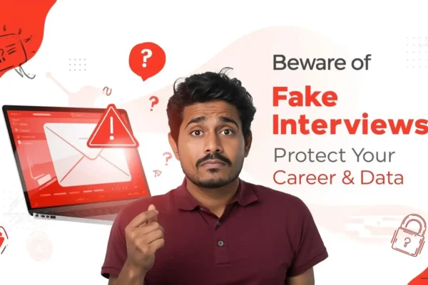 A man stands in front of a laptop graphic displaying a warning symbol, with text that reads, "Beware of Fake Interviews! Protect Your Career & Data.