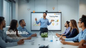 A man presents a training plan on a screen to a diverse group seated around a conference table. Text reads "Build Skills. Boost Performance." The mood is professional and collaborative.