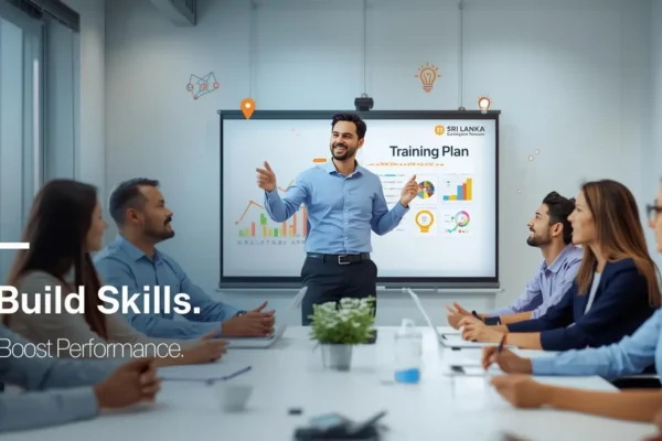 A man presents a training plan on a screen to a diverse group seated around a conference table. Text reads "Build Skills. Boost Performance." The mood is professional and collaborative.