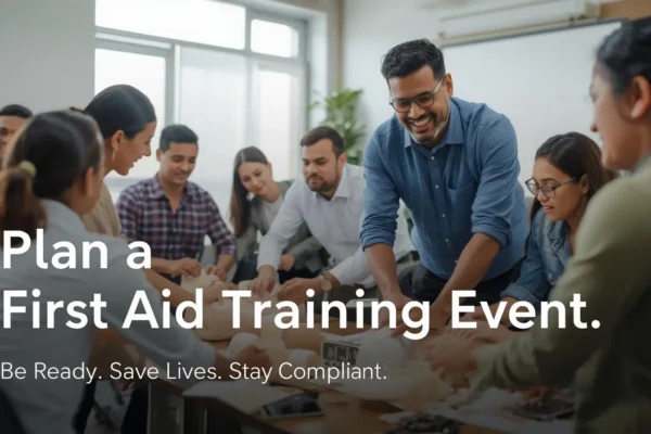 A group of people gather around a table during a first aid training session, with a man leading the activity. Text reads: Plan a First Aid Training Event. Be Ready. Save Lives. Stay Compliant.