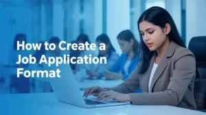 A woman in a blazer types on a laptop in an office setting. Behind her, blurred figures also work on laptops. Text reads, "How to Create a Job Application Format."