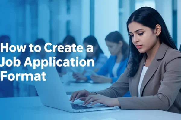 A woman in a blazer types on a laptop in an office setting. Behind her, blurred figures also work on laptops. Text reads, "How to Create a Job Application Format."