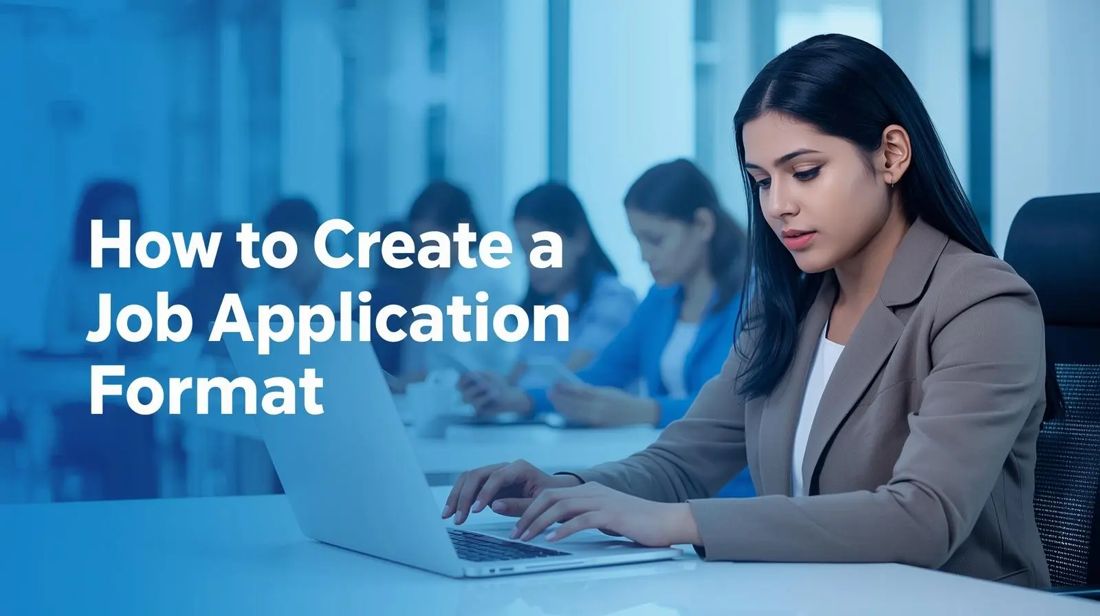 A woman in a blazer types on a laptop in an office setting. Behind her, blurred figures also work on laptops. Text reads, "How to Create a Job Application Format."