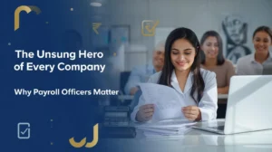 A professional woman holds paperwork in an office setting, emphasizing the importance of payroll officers in companies.