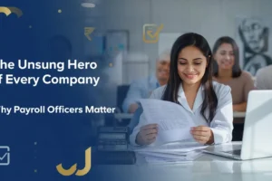 A professional woman holds paperwork in an office setting, emphasizing the importance of payroll officers in companies.