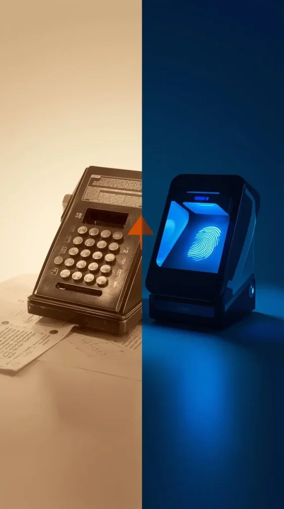 "Split screen comparison showing evolution of workplace attendance systems: vintage punch card time clock with paper cards on left in sepia tones, modern biometric fingerprint scanner with blue LED display on right, illustrating digital transformation in Sri Lankan workplace technology - Punch Card